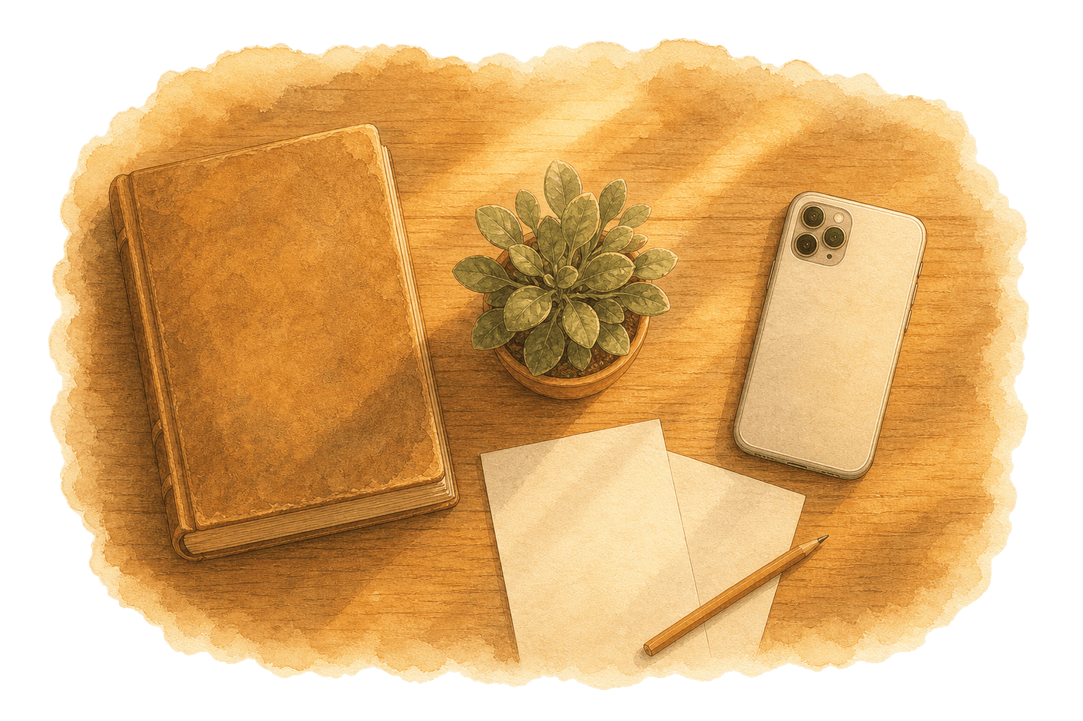 Vista de un escritorio desde arriba: un libro de cuentas tradicional y un teléfono con una app conviven lado a lado