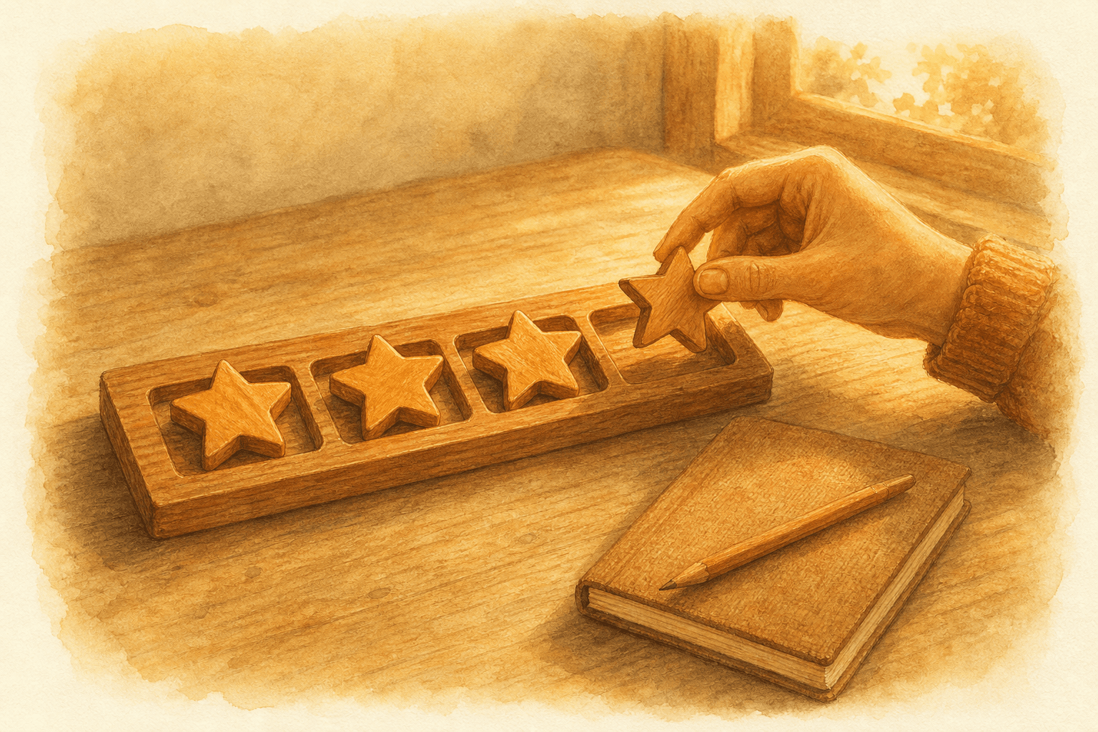 Una mano coloca una estrella de madera en un tablero de evaluación junto a otras ya puestas