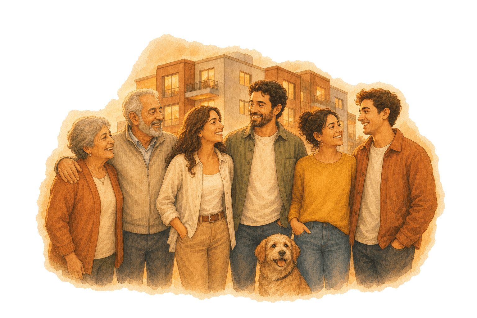 Vecinos de distintas edades sonriendo juntos, con su perro, frente a su comunidad iluminada al atardecer