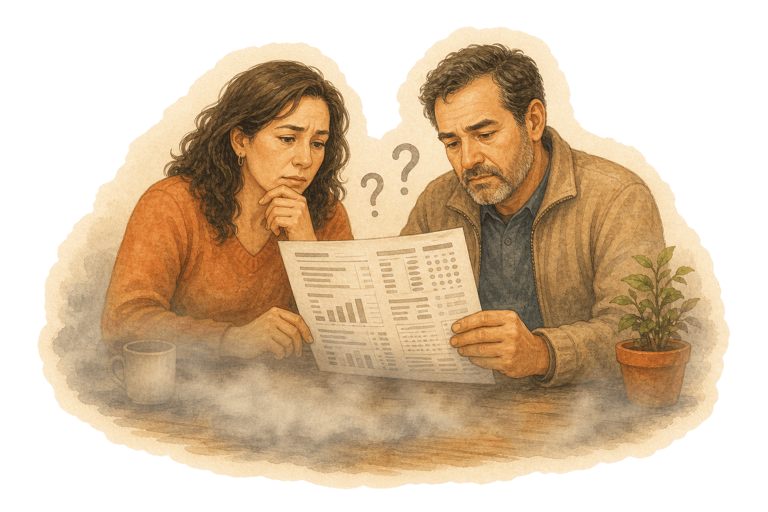 Una pareja mira una cuenta de gasto común llena de números que no se entienden, entre signos de interrogación y una neblina gris