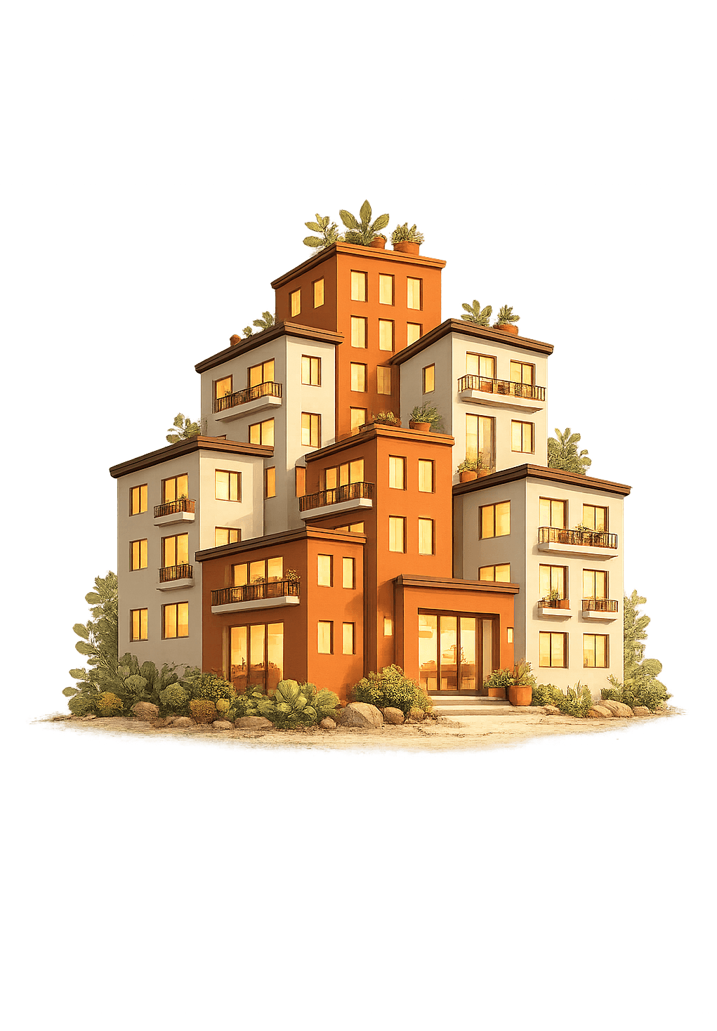 Ilustración de una comunidad de edificios cálidos floreciendo desde un jardín común